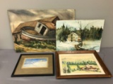 Group of 4 pieces of artwork, landscapes, boat
