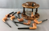 Vintage Wood 10 Pipe Holder with Glass Tobacco Jar and 10 Pipes