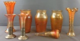 Group of 8 Marigold Iridescent Carnival Glass Vases