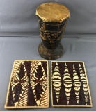 Group of 3 Aztec Drum and woven and and leather mats