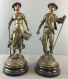 Group of 2 Antique Sarcleuse and Laboureur Metal Statues