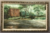 Vintage framed oil painting of mill and river