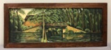 Vintage framed oil painting of bridge and stream