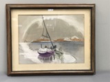 Framed artwork boats on lake with mountains