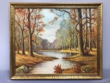 Framed artwork painting of fall forest and stream