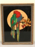 Framed reverse painted glass parrots