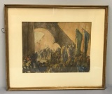Framed hand colored print crucifixion scene