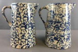 Group of 2 Vintage Spirit Blue and White Spongeware Pitchers