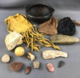 Native American shaman bag, tools, fossils and more