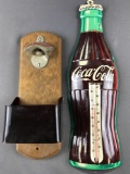 Vintage tin Coca-Cola thermometer and mounted bottle opener