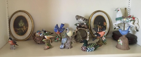 Shelf lot of porcelain birds and more