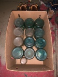 Group of blue and clear mason jars