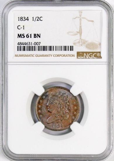 1834 Classic Head Half Cent (NGC) MS61BN.