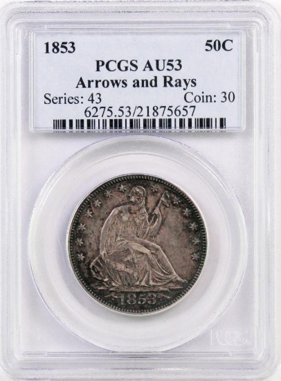 1853 Arrows & Rays Seated Liberty Silver Half Dollar (PCGS) AU53.