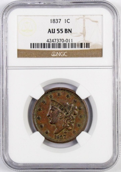 1837 Coronet Large Cent (NGC) AU55BN.