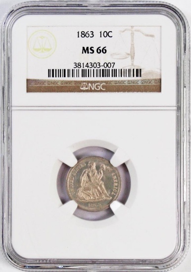 1863 P Seated Liberty Silver Dime (NGC) MS66.