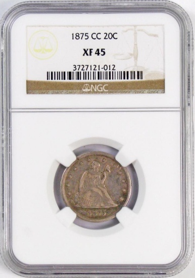 1875 CC Twenty Cent Piece (NGC) XF45.