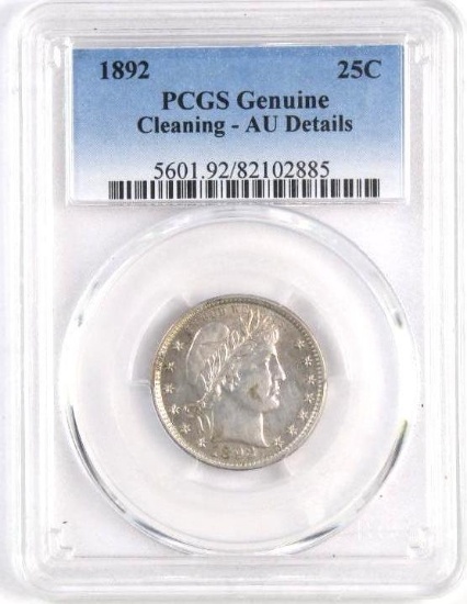 1892 P Barber Silver Quarter (PCGS) AU Details.