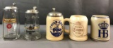 Group of 5 beer steins and mugs