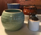 Group of 4 pieces stoneware small jug, double handle crock and more