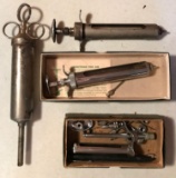 Group of 4 vintage antique veterinary syringes and more
