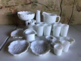 Group of Vintage milk glass pitcher and glasses, vases and more