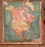 Vintage classroom roll down map of North America