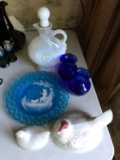 Group of Vintage glass items including decanter and milk glass chicken