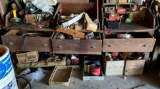 Primitive wooden workbench with hardware, tools, and more