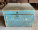 Vintage guild circular saw with primitive blue chip paint toolbox