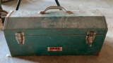 Vintage metal toolbox with blue point pliers and more
