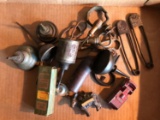 Group of Vintage tools, giant safety pins oil cans and more