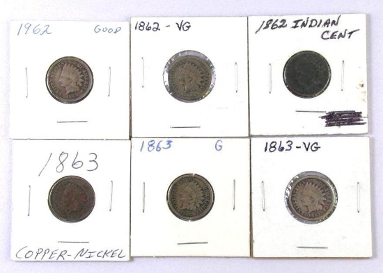 Group of (6) Copper Nickel Indian Head Cents.