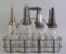 Group of 7 Vintage Glass Motor Oil Bottles with Spouts and Carrier