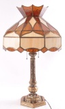 Vintage Table Lamp with Stained Glass Amber Shade