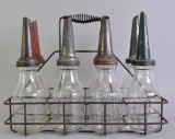 Vintage Jay B Rhodes Havoline Glass Motor Oil Bottle Set with Spouts and Rhodes Carrier