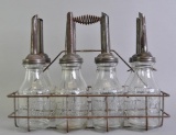 Vintage Jay B Rhodes Glass Motor Oil Bottle Set with Rhodes Spouts and Carrier