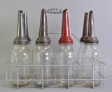 Vintage Moore and Kling Glass Motor Oil Bottle Set with Spouts and Carrier