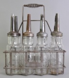 Vintage Standard Oil Co. Indiana Polarine Glass Motor Oil Bottle Set with Spouts and Carrier