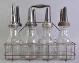 Vintage Huffman Mfg. Co. Glass Motor Oil Bottle Set with Spouts and Carrier