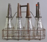 Vintage Handy Oiler Glass Motor Oil Bottle Set with Spouts and Carrier