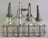 Group of 8 Vintage No Name Glass Motor Oil Bottles with 2 Spout Types and Carrier