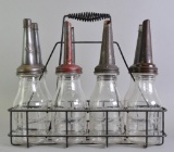 Vintage Amco Corp. Glass Motor Oil Bottle Set with Spouts and Carrier