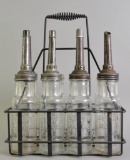 Vintage Socony Glass Motor Oil Bottle Set with 5 Spouts and Carrier
