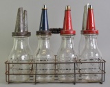 Vintage Atlantic and Imperial Glass Motor Oil Bottles with Spouts and Carrier