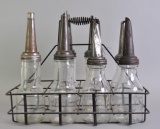 Group of 7 Vintage Glass Motor Oil Bottles with Spouts and Carrier