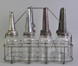 Group of 7 Vintage No Name Glass Motor Oil Bottles with Wadhams Spouts and Carrier