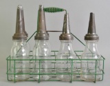 Group of 6 Vintage Glass Motor Oil Bottles with Spouts and Carrier