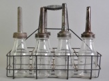 Group of 5 Vintage No Name Glass Motor Oil Bottles with Spouts and Carrier