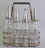 Group of 4 Vintage Glass Motor Oil Bottles with Spouts and Carrier